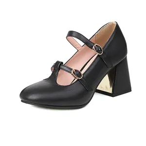 Women's Pumps Retro Mary Janes T Strap Buckles Glossy Antiskid Block Heel Chunky Heels Shoes
