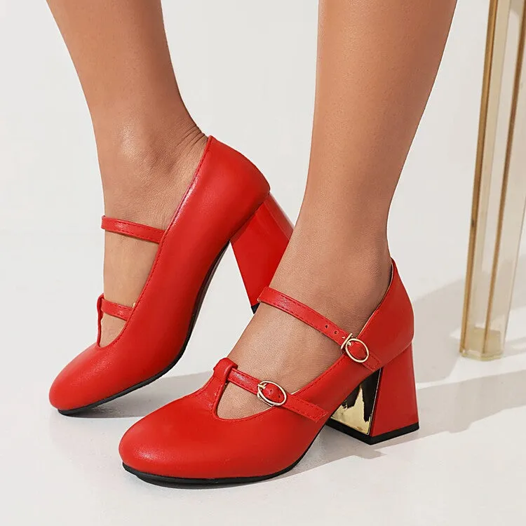 Women's Pumps Retro Mary Janes T Strap Buckles Glossy Antiskid Block Heel Chunky Heels Shoes