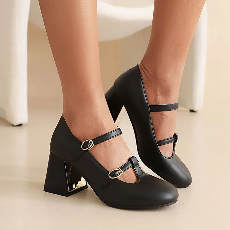Women's Pumps Retro Mary Janes T Strap Buckles Glossy Antiskid Block Heel Chunky Heels Shoes