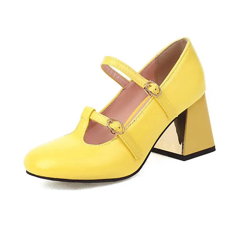 Women's Pumps Retro Mary Janes T Strap Buckles Glossy Antiskid Block Heel Chunky Heels Shoes