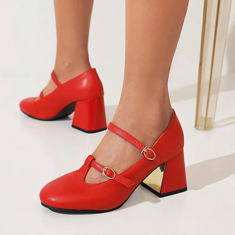 Women's Pumps Retro Mary Janes T Strap Buckles Glossy Antiskid Block Heel Chunky Heels Shoes