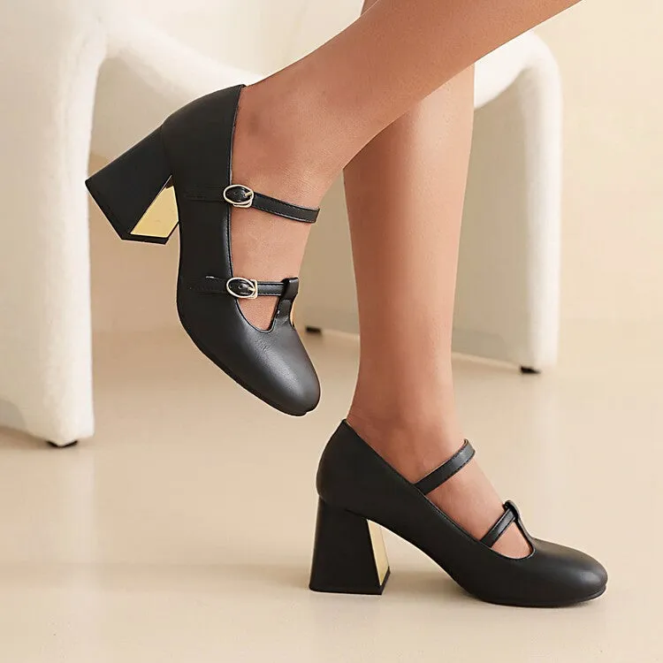 Women's Pumps Retro Mary Janes T Strap Buckles Glossy Antiskid Block Heel Chunky Heels Shoes