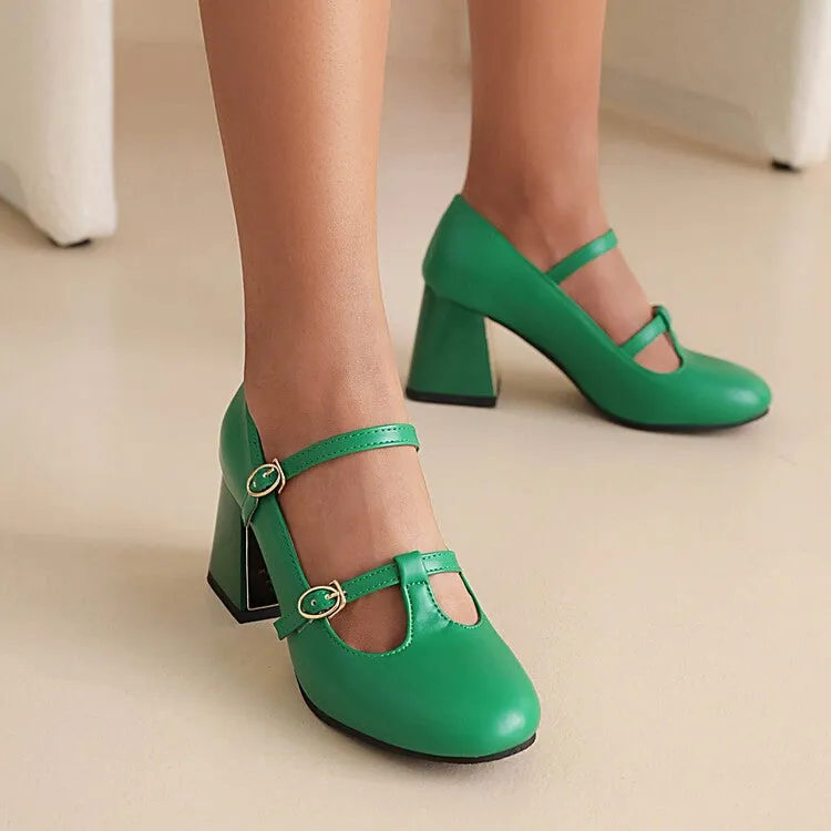 Women's Pumps Retro Mary Janes T Strap Buckles Glossy Antiskid Block Heel Chunky Heels Shoes