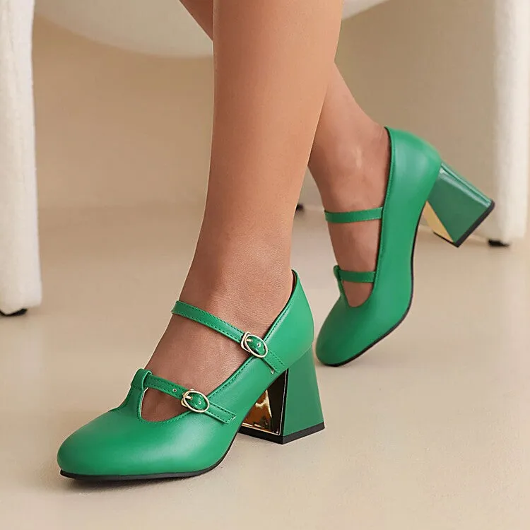 Women's Pumps Retro Mary Janes T Strap Buckles Glossy Antiskid Block Heel Chunky Heels Shoes