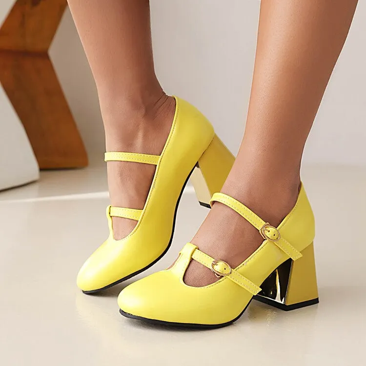Women's Pumps Retro Mary Janes T Strap Buckles Glossy Antiskid Block Heel Chunky Heels Shoes