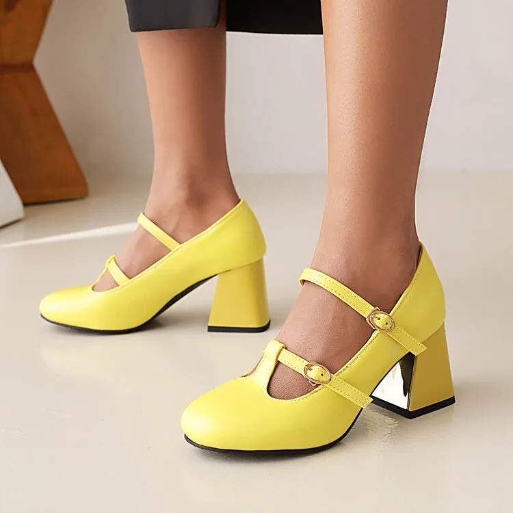 Women's Pumps Retro Mary Janes T Strap Buckles Glossy Antiskid Block Heel Chunky Heels Shoes