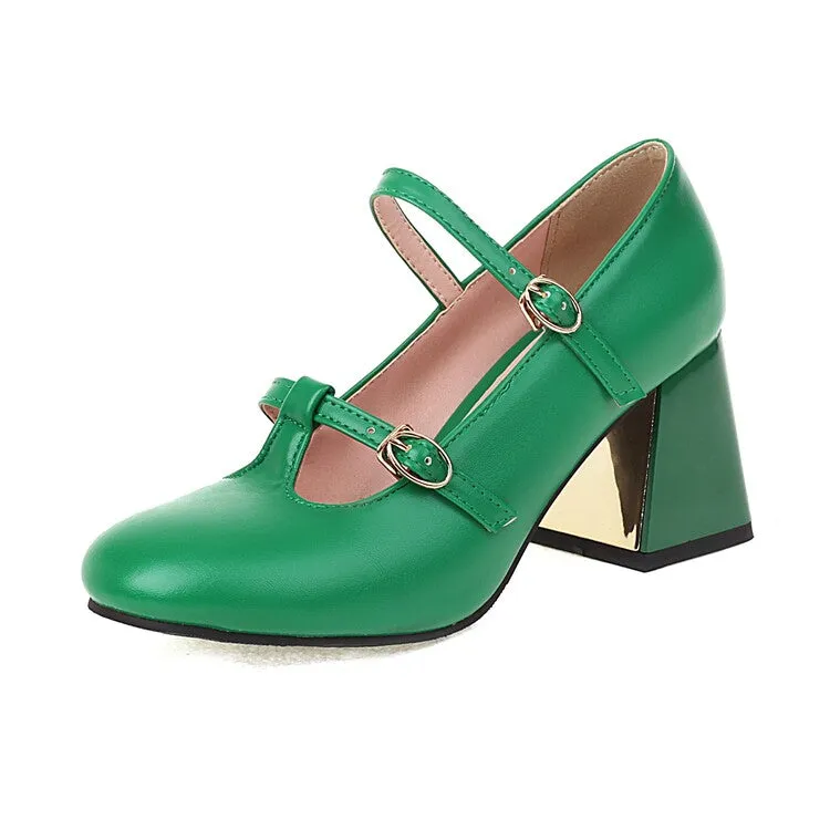 Women's Pumps Retro Mary Janes T Strap Buckles Glossy Antiskid Block Heel Chunky Heels Shoes
