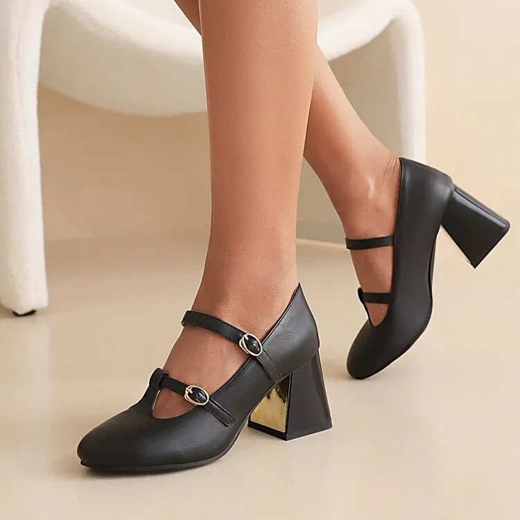 Women's Pumps Retro Mary Janes T Strap Buckles Glossy Antiskid Block Heel Chunky Heels Shoes