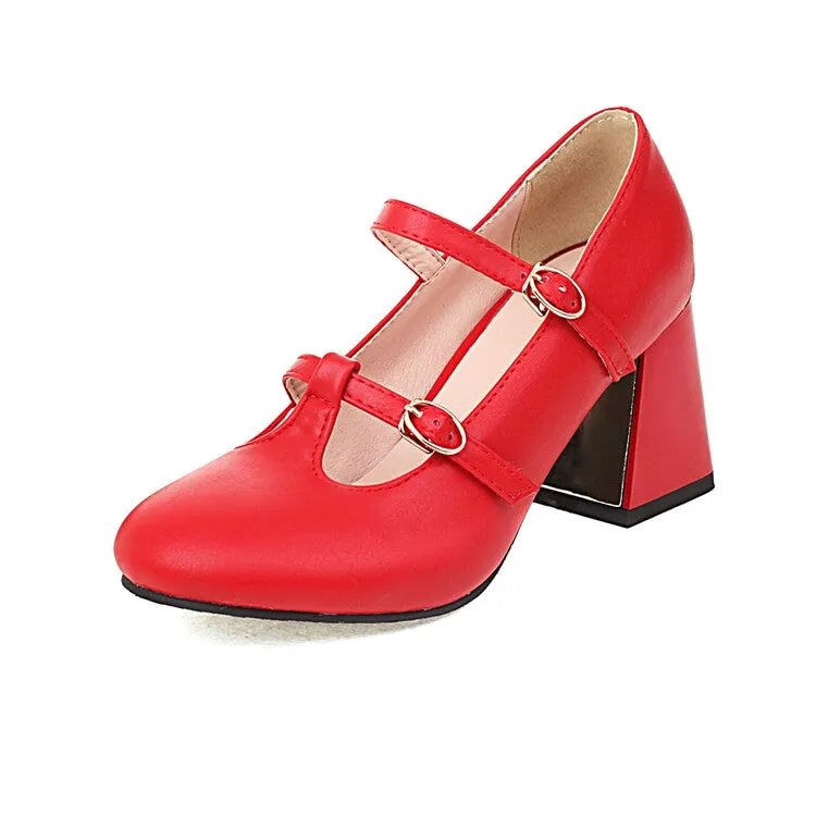 Women's Pumps Retro Mary Janes T Strap Buckles Glossy Antiskid Block Heel Chunky Heels Shoes