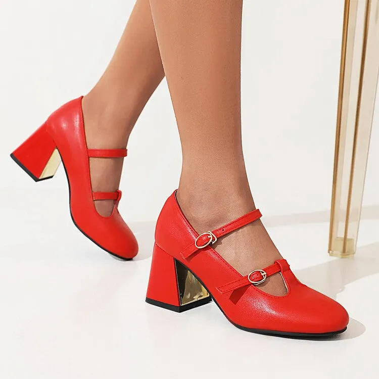 Women's Pumps Retro Mary Janes T Strap Buckles Glossy Antiskid Block Heel Chunky Heels Shoes