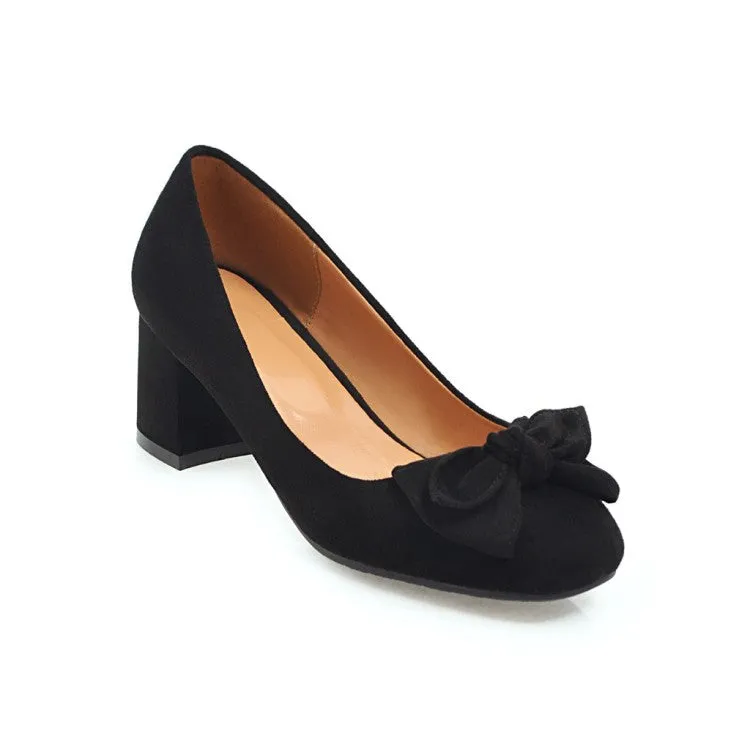 Women's Pumps Suede Round Toe Butterfly Knot Block Heel Shoes