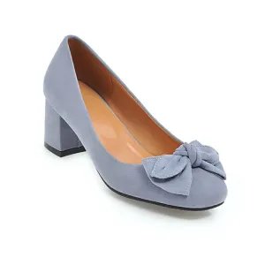 Women's Pumps Suede Round Toe Butterfly Knot Block Heel Shoes
