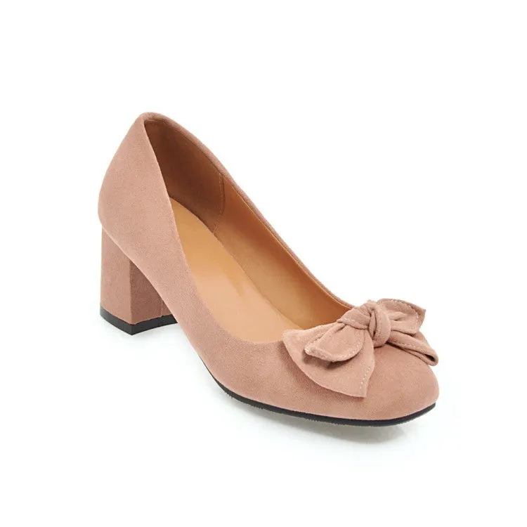 Women's Pumps Suede Round Toe Butterfly Knot Block Heel Shoes