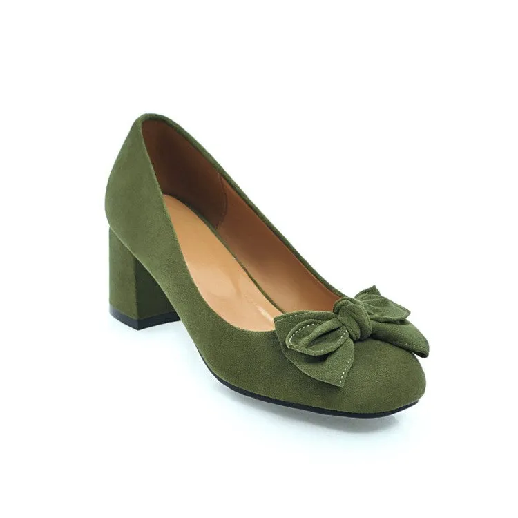 Women's Pumps Suede Round Toe Butterfly Knot Block Heel Shoes