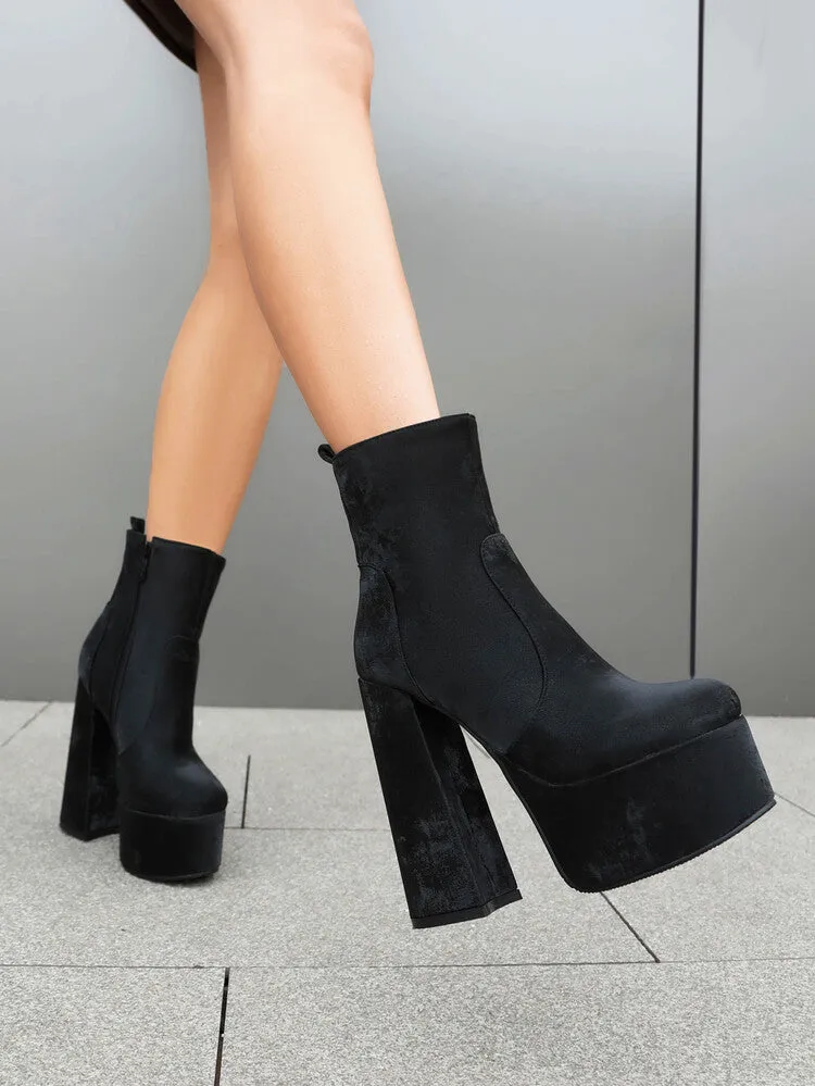 Women's Round Toe Chunky Heel Platform Short Boots