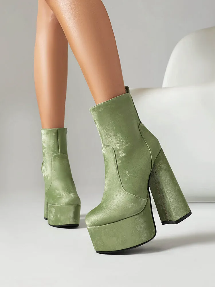 Women's Round Toe Chunky Heel Platform Short Boots