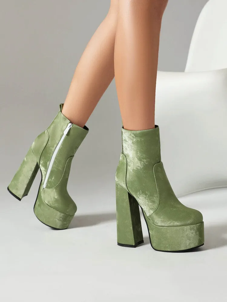 Women's Round Toe Chunky Heel Platform Short Boots
