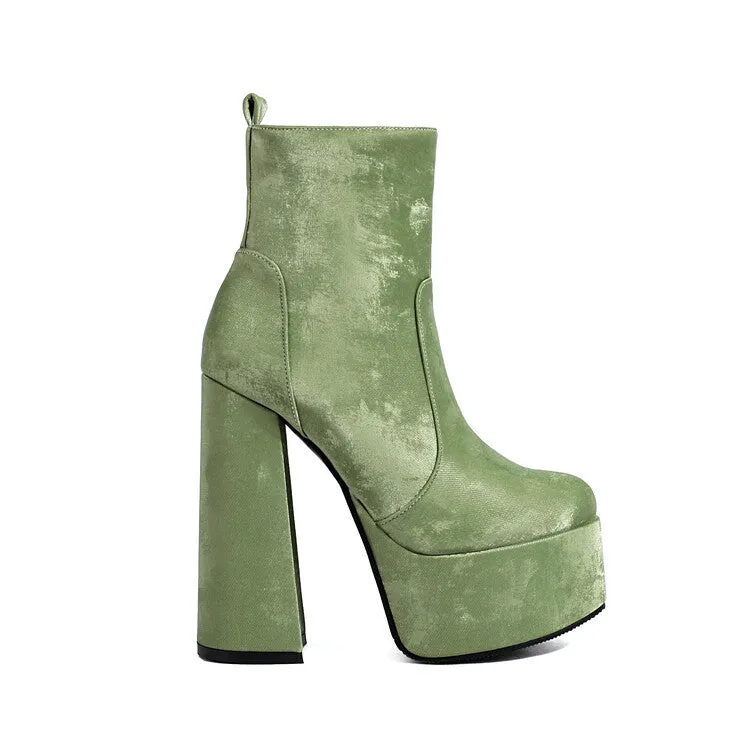 Women's Round Toe Chunky Heel Platform Short Boots