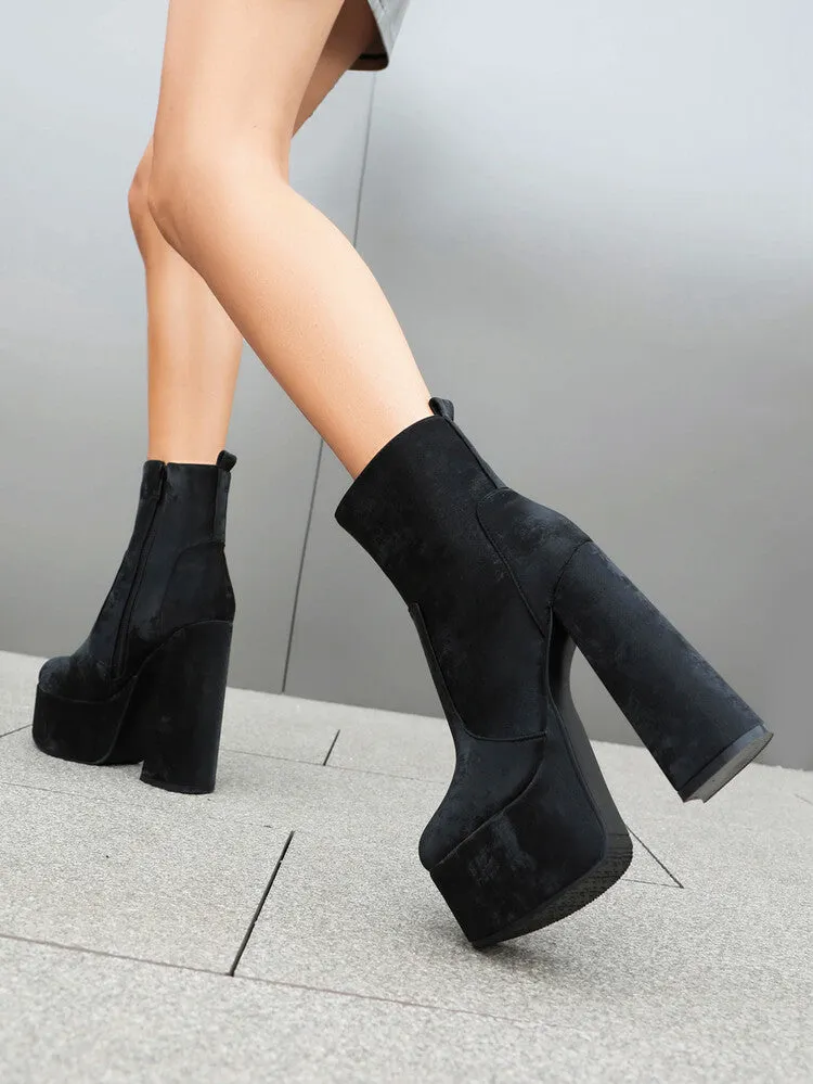 Women's Round Toe Chunky Heel Platform Short Boots