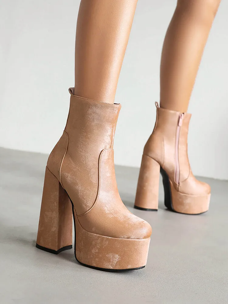 Women's Round Toe Chunky Heel Platform Short Boots