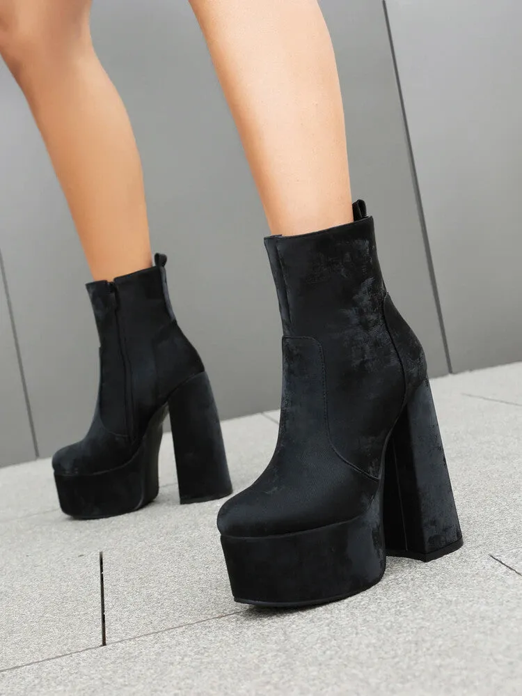 Women's Round Toe Chunky Heel Platform Short Boots