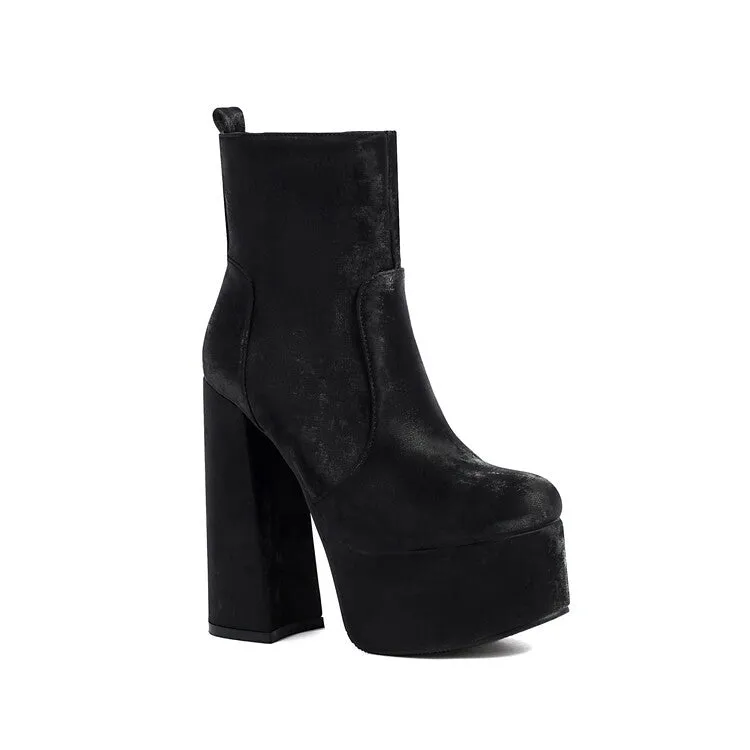 Women's Round Toe Chunky Heel Platform Short Boots