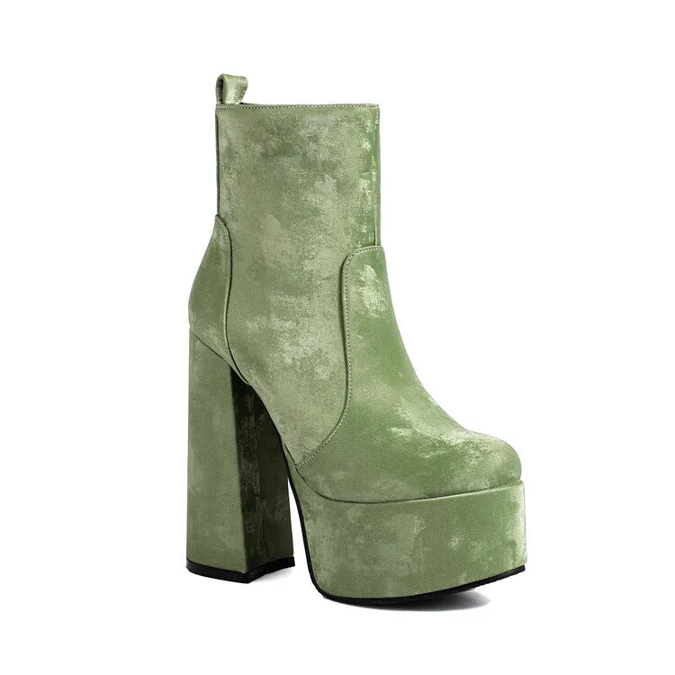 Women's Round Toe Chunky Heel Platform Short Boots