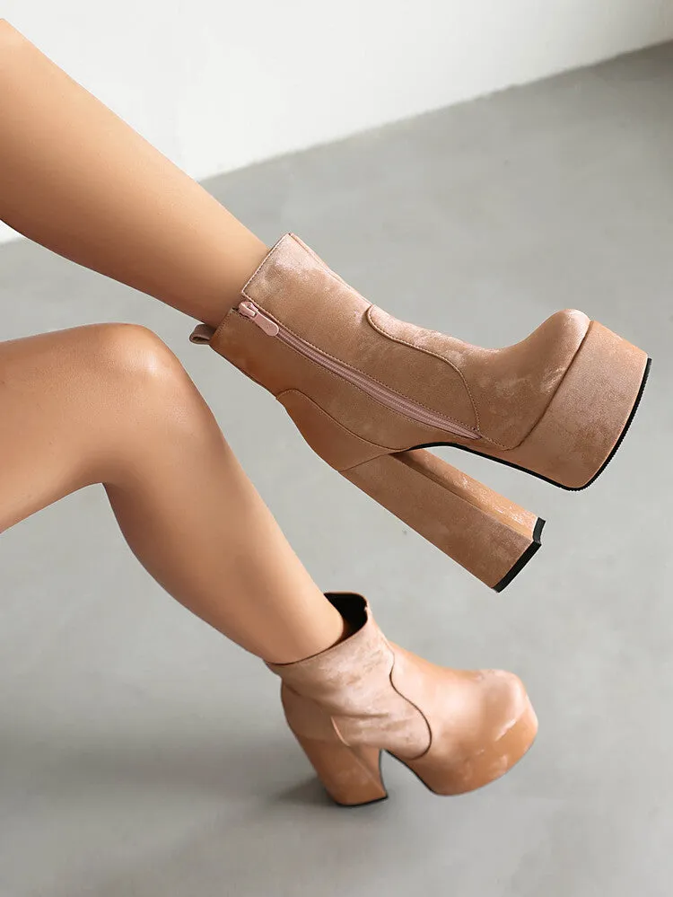 Women's Round Toe Chunky Heel Platform Short Boots