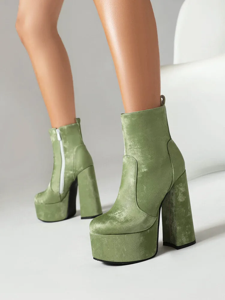 Women's Round Toe Chunky Heel Platform Short Boots