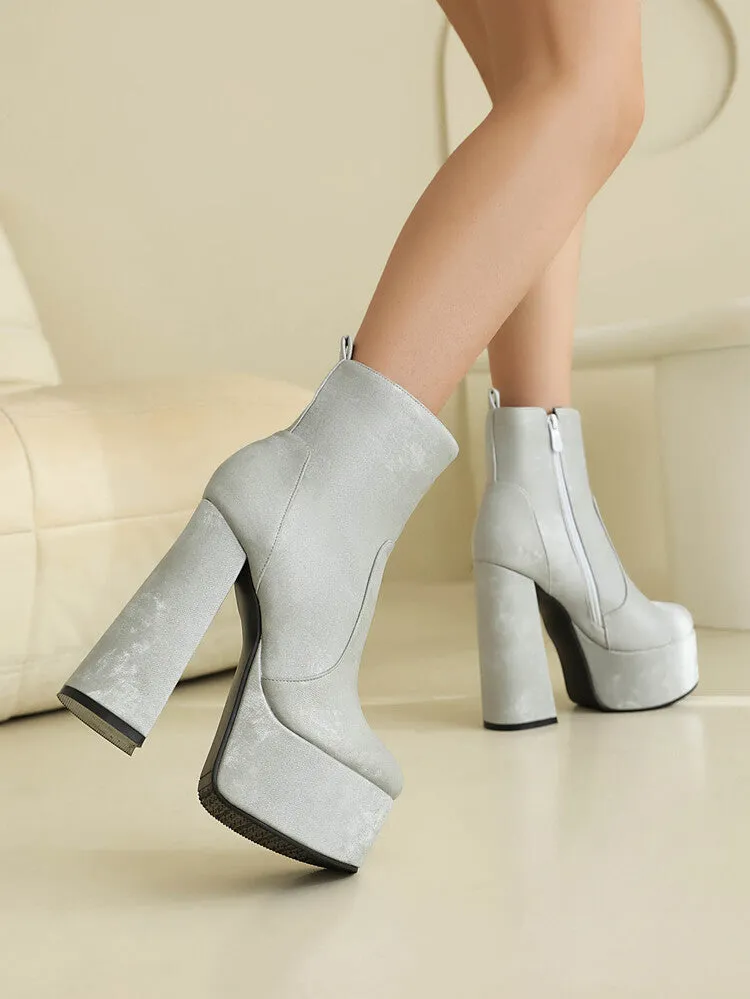 Women's Round Toe Chunky Heel Platform Short Boots