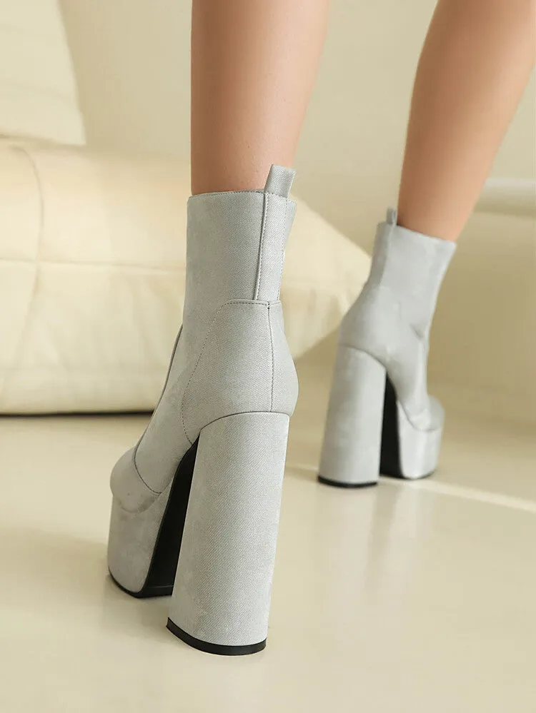 Women's Round Toe Chunky Heel Platform Short Boots