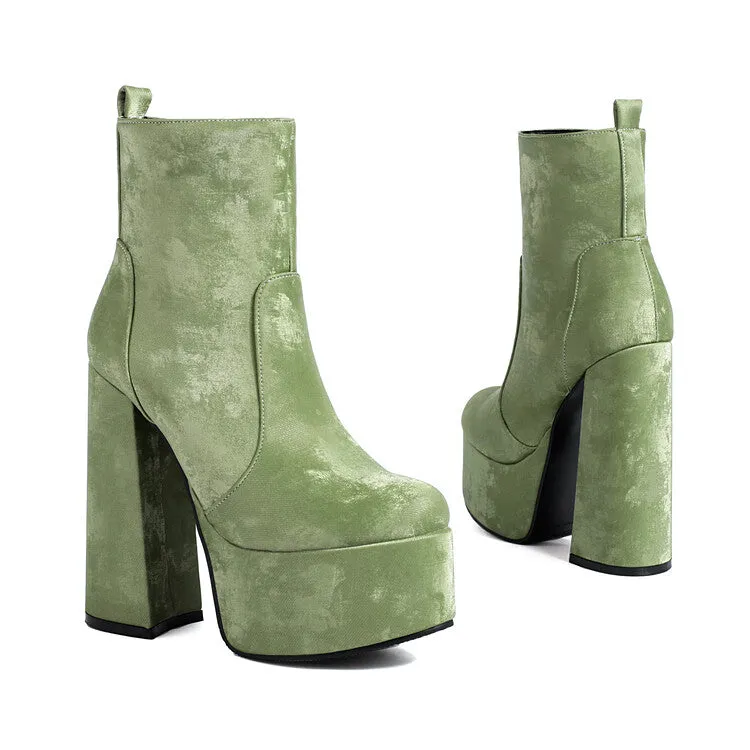 Women's Round Toe Chunky Heel Platform Short Boots
