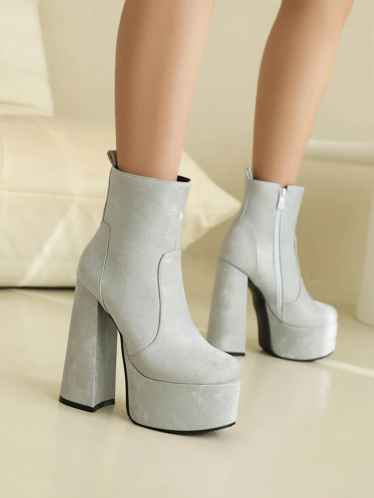 Women's Round Toe Chunky Heel Platform Short Boots