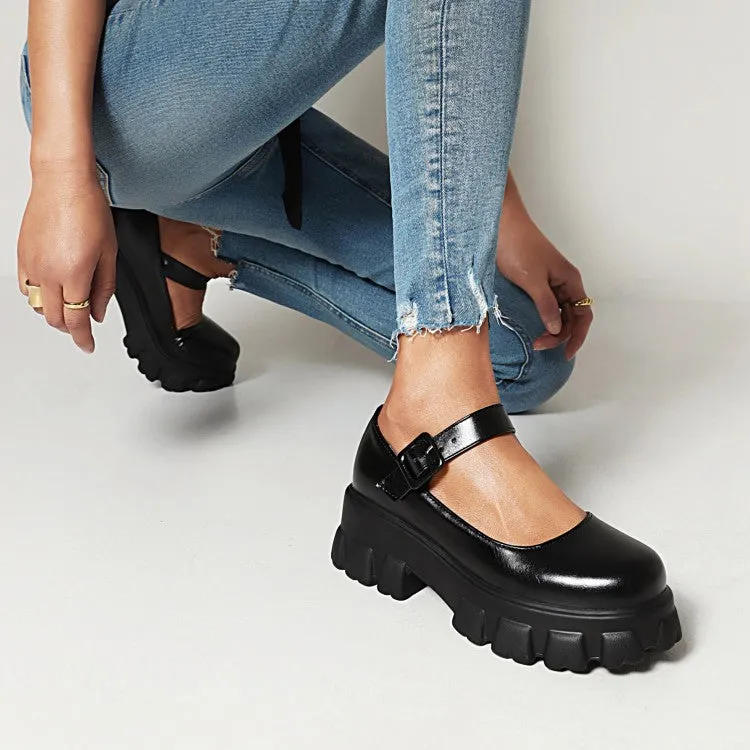 Women's Round Toe Mary Janes Platform Block Heel Pumps