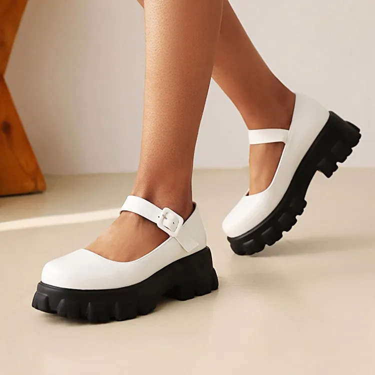 Women's Round Toe Mary Janes Platform Block Heel Pumps