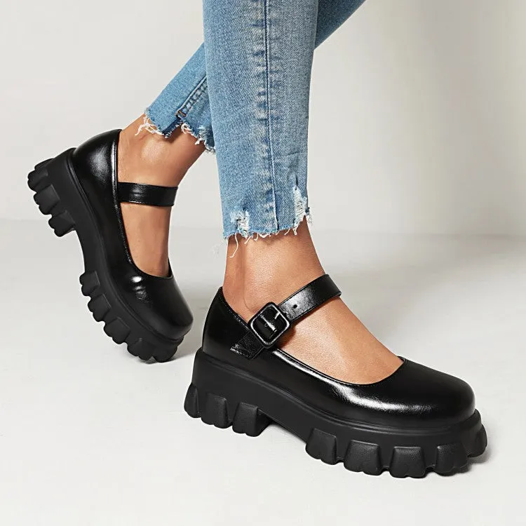 Women's Round Toe Mary Janes Platform Block Heel Pumps