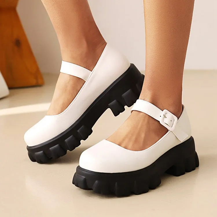 Women's Round Toe Mary Janes Platform Block Heel Pumps