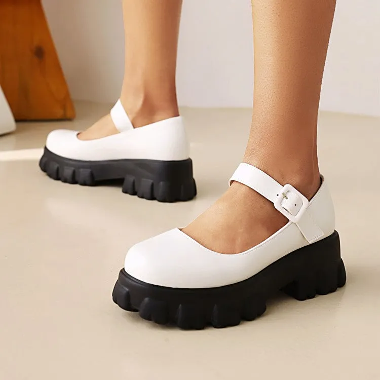 Women's Round Toe Mary Janes Platform Block Heel Pumps