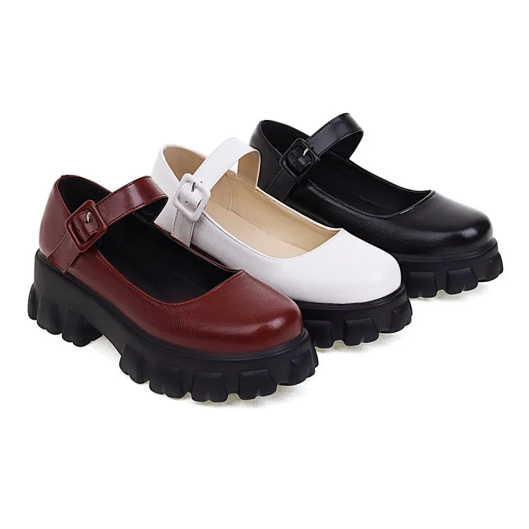 Women's Round Toe Mary Janes Platform Block Heel Pumps