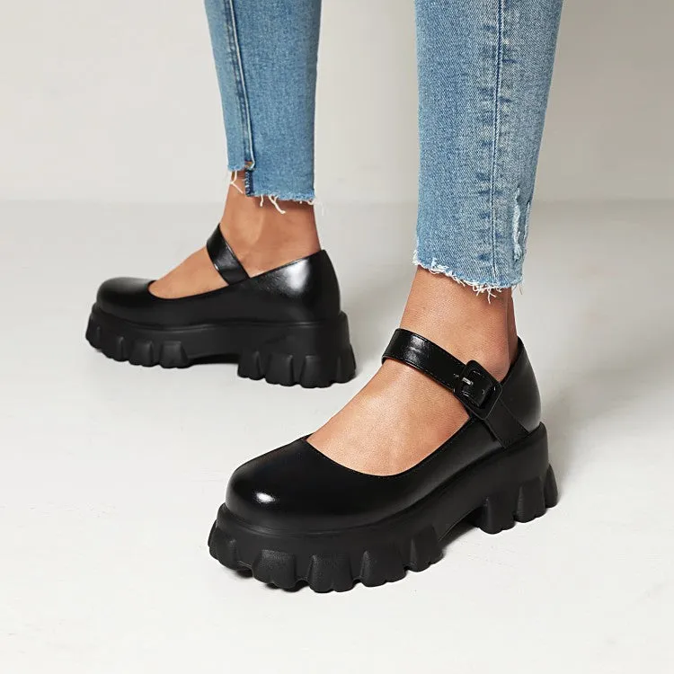 Women's Round Toe Mary Janes Platform Block Heel Pumps