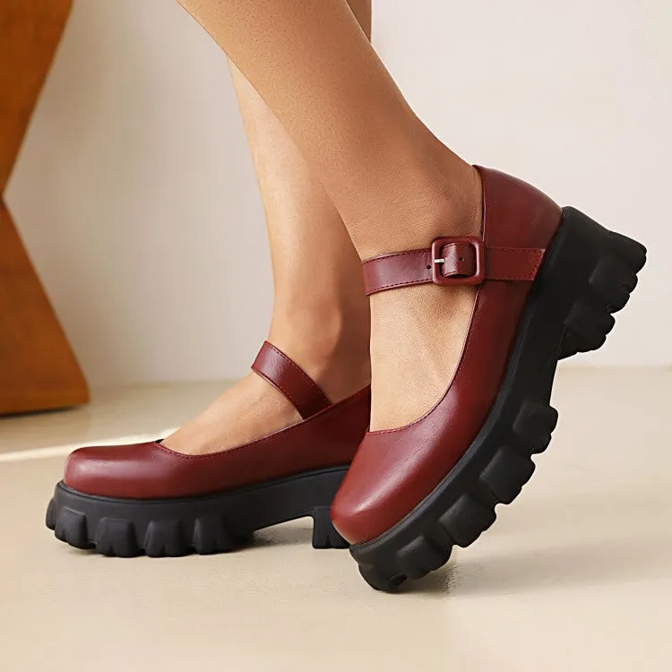 Women's Round Toe Mary Janes Platform Block Heel Pumps