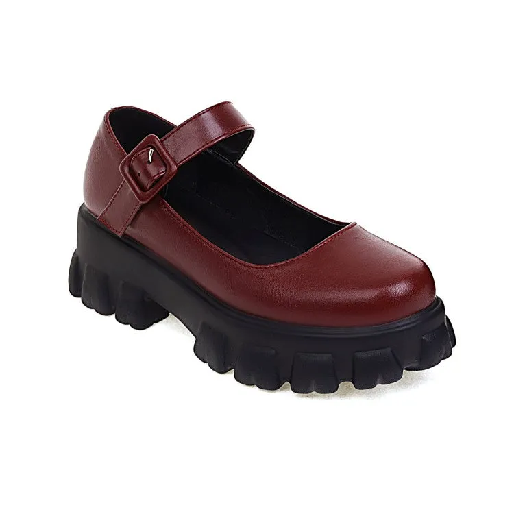 Women's Round Toe Mary Janes Platform Block Heel Pumps