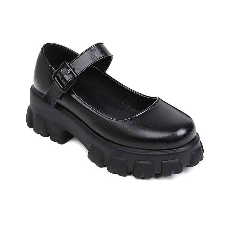 Women's Round Toe Mary Janes Platform Block Heel Pumps