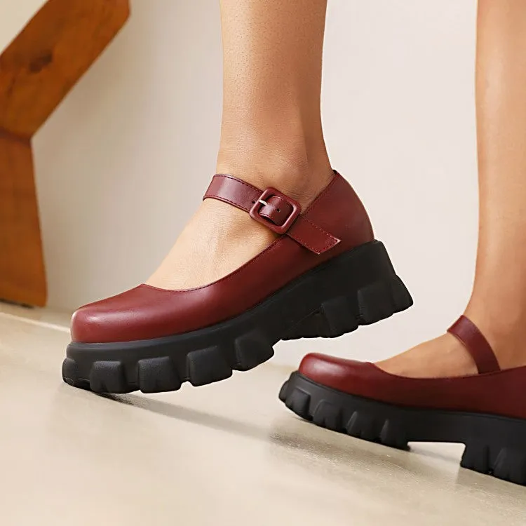 Women's Round Toe Mary Janes Platform Block Heel Pumps