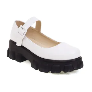 Women's Round Toe Mary Janes Platform Block Heel Pumps