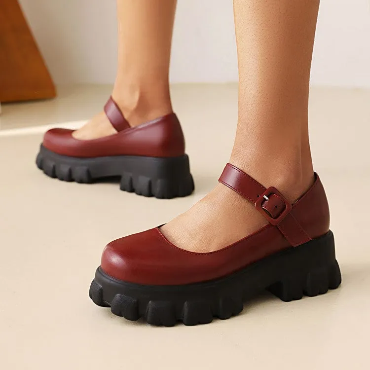 Women's Round Toe Mary Janes Platform Block Heel Pumps