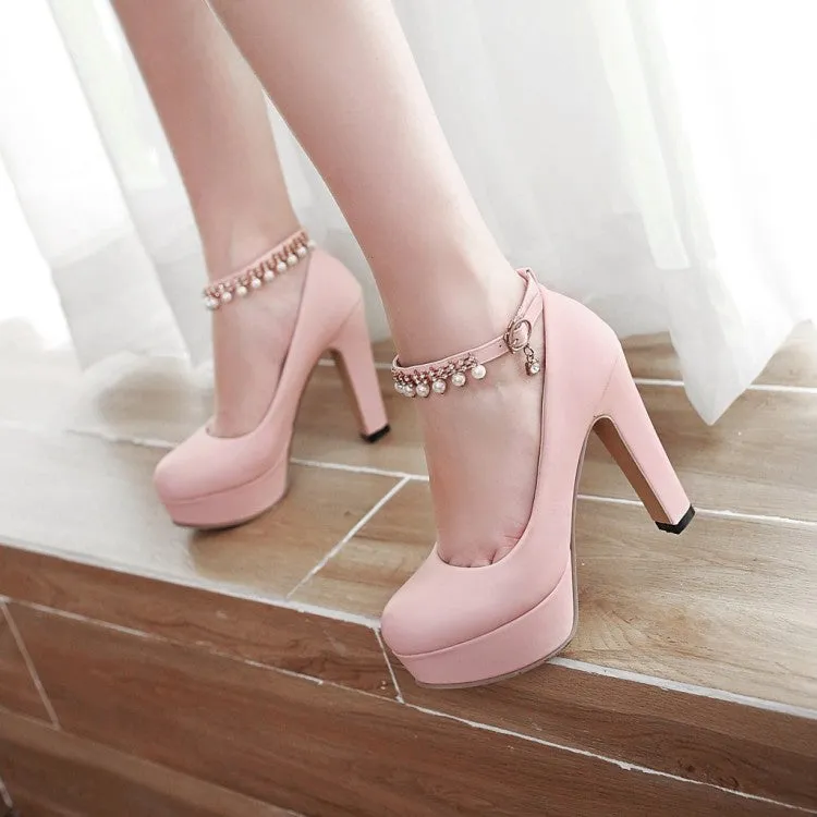 Women's  Round Toe Rhinestone Pearls Chunky Heel Platform Pumps