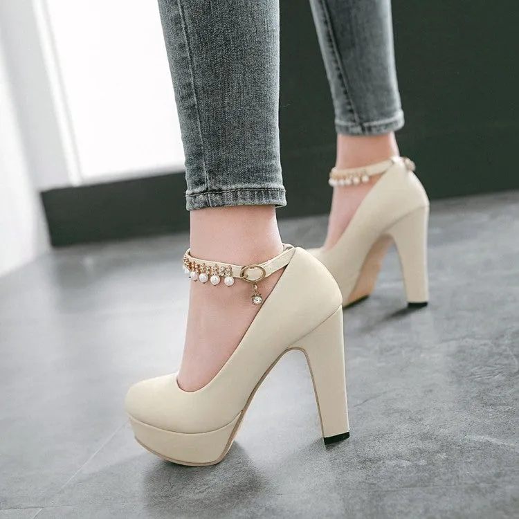 Women's  Round Toe Rhinestone Pearls Chunky Heel Platform Pumps