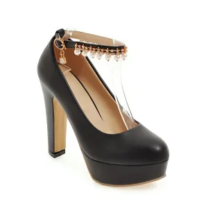 Women's  Round Toe Rhinestone Pearls Chunky Heel Platform Pumps