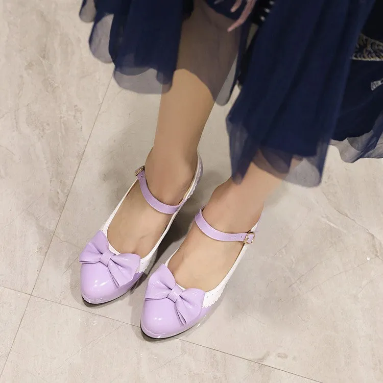 Women's Ruffles Bow Tie Mary Janes Block Heel Platform Pumps